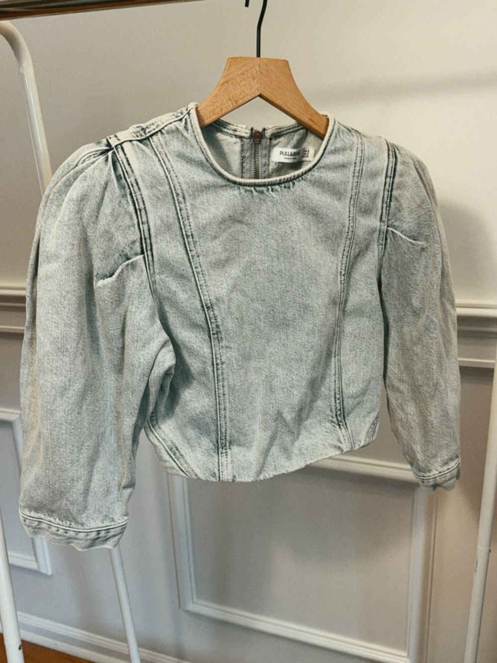 Pull & Bear Denim Corset Crop Top Puff Sleeve Structured Light Wash Top S